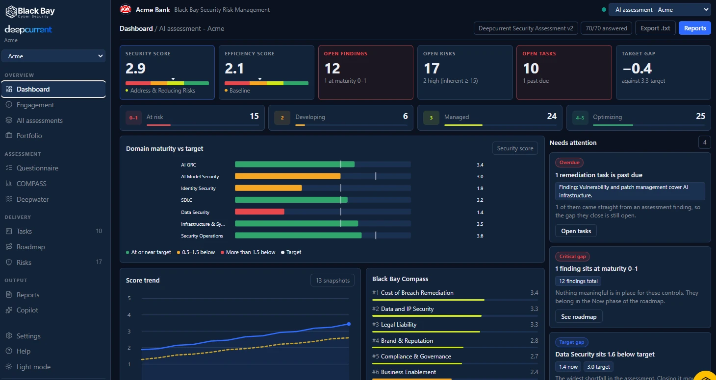 deepcurrent dashboard: security score 2.9 and efficiency score 2.1, twelve open findings, domain maturity scored against target across seven domains, and the Black Bay Compass business risk ranking.
